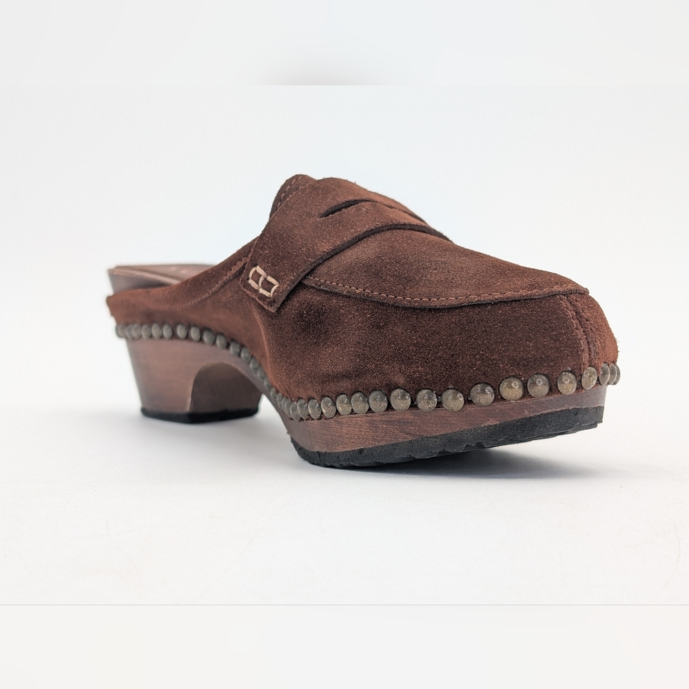 Michael Kors Women Sz 8 Studded Italian-Made Brown Suede Leather Clog Wood-Soles - Picture 6 of 17